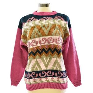 New 90s Vintage Womens M Sweater Hearts & Geometric Print Clyde Hand Knit